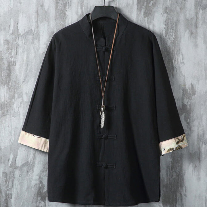 Buddha Stones Sommer Froschknopf Patchwork Halbarm Design Baumwolle Leinen Herren Hemdjacke - Schwarz - US/ UK/AU46，EU56 (5XL) - image 1