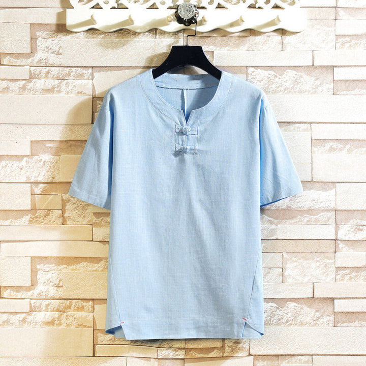Buddha Stones Sommer Chinesischer Froschknopf Herren Einfarbig Knopf Kurzarm Baumwollleinenhemd - Hellblau - US/ UK/AU46, EU56 (5XL) - image 0