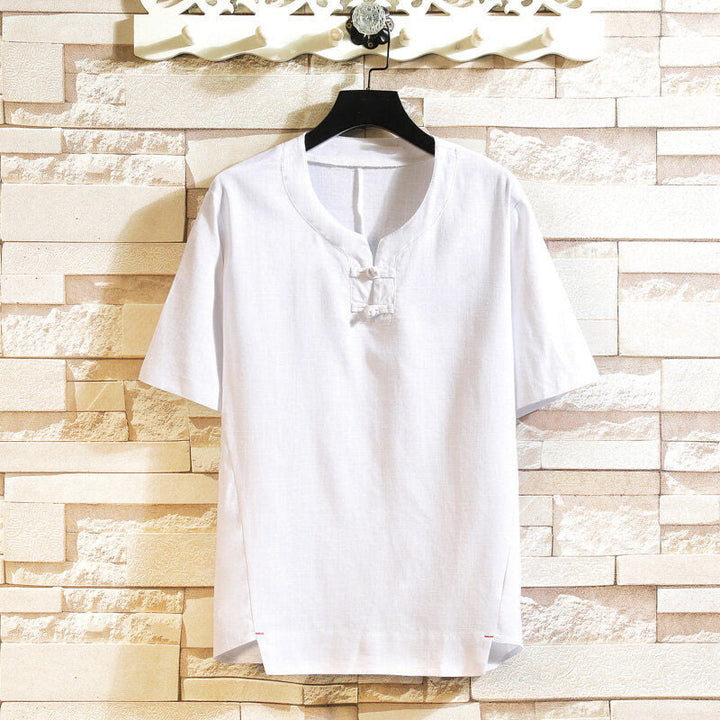 Buddha Stones Sommer Chinesischer Froschknopf Herren Einfarbig Knopf Kurzarm Baumwollleinenhemd - Weiß - US/ UK/AU46, EU56 (5XL) - image 8