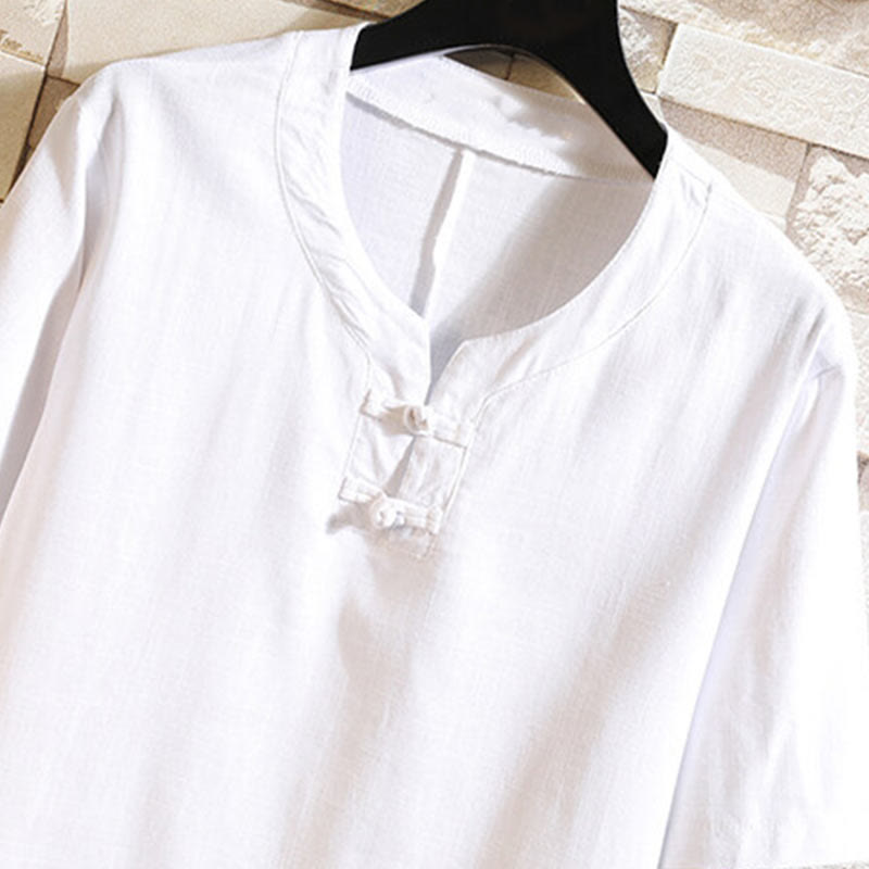 Buddha Stones Sommer Chinesischer Froschknopf Herren Einfarbig Knopf Kurzarm Baumwollleinenhemd - image 9