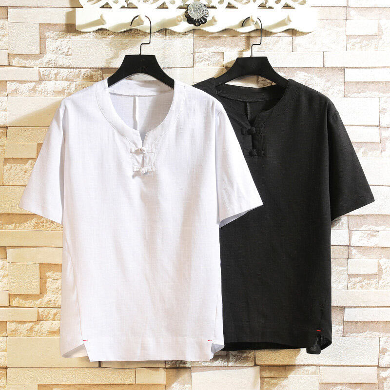 Buddha Stones Sommer Chinesischer Froschknopf Herren Einfarbig Knopf Kurzarm Baumwollleinenhemd - image 12