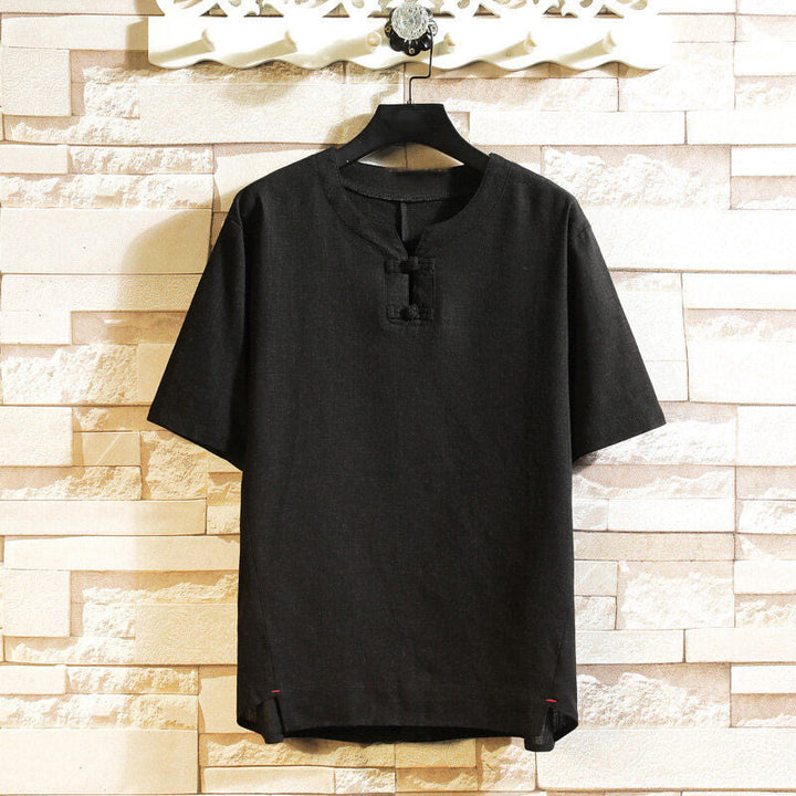 Buddha Stones Sommer Chinesischer Froschknopf Herren Einfarbig Knopf Kurzarm Baumwollleinenhemd - Schwarz - US/ UK/AU46, EU56 (5XL) - image 1