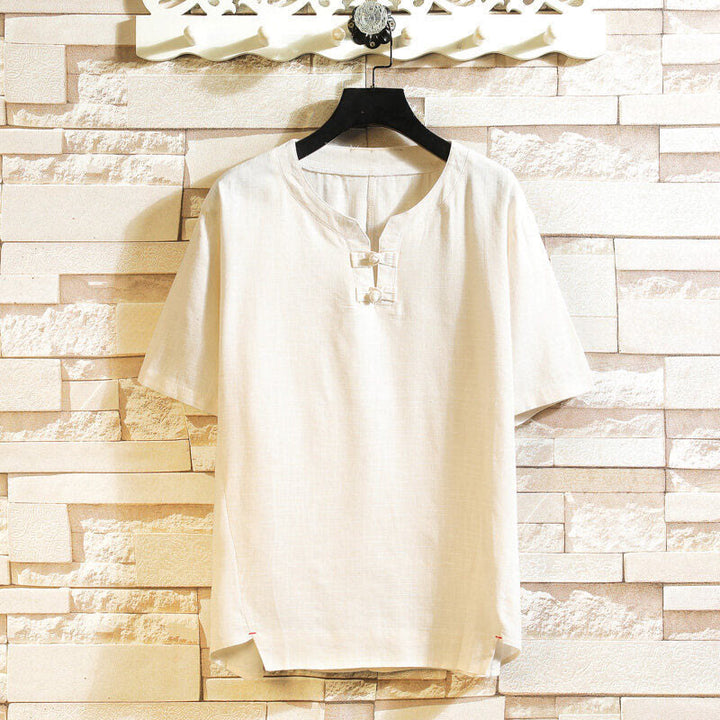 Buddha Stones Sommer Chinesischer Froschknopf Herren Einfarbig Knopf Kurzarm Baumwollleinenhemd - Beige - US/ UK/AU46, EU56 (5XL) - image 11