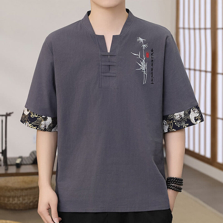 Buddha Stones Sommer Stickerei Bambus Muster Patchwork Design Herren Halbarm Baumwolle Leinen T-Shirt - Schiefergrau - US/ UK/AU46, EU56 (5XL) - image 2
