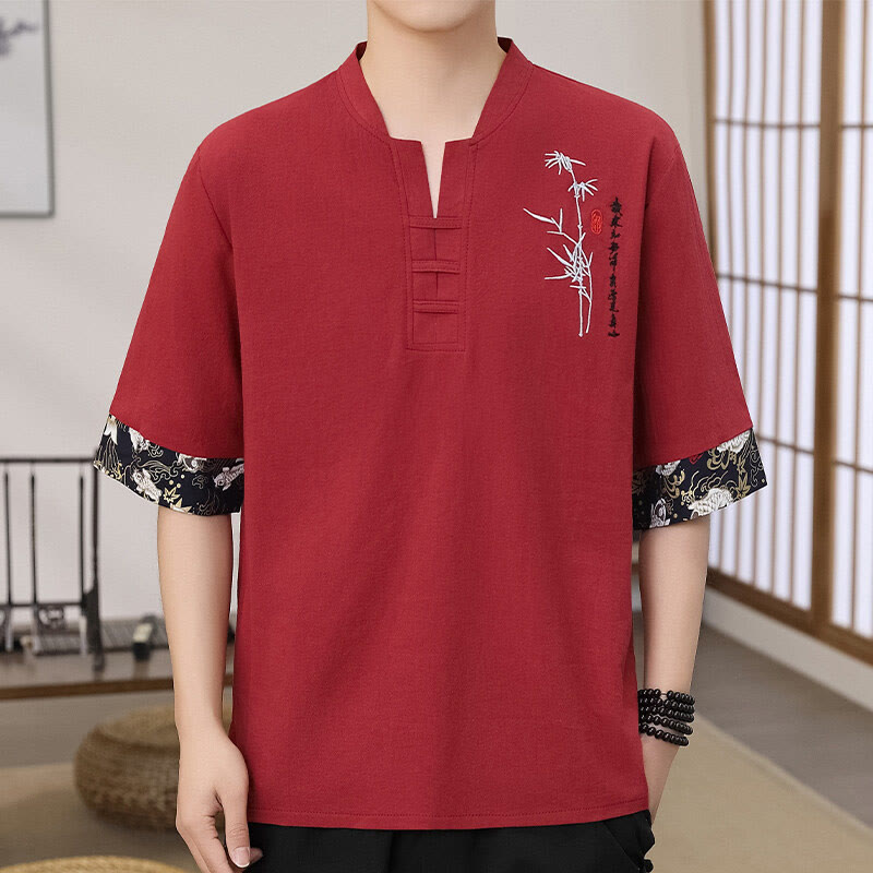 Buddha Stones Sommer Stickerei Bambus Muster Patchwork Design Herren Halbarm Baumwolle Leinen T-Shirt - Purpurrot - US/ UK/AU46, EU56 (5XL) - image 5