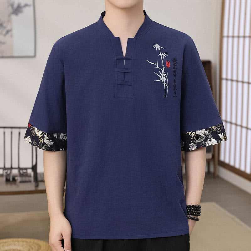 Buddha Stones Sommer Stickerei Bambus Muster Patchwork Design Herren Halbarm Baumwolle Leinen T-Shirt - Dunkelschieferblau - US/ UK/AU46, EU56 (5XL) - image 4