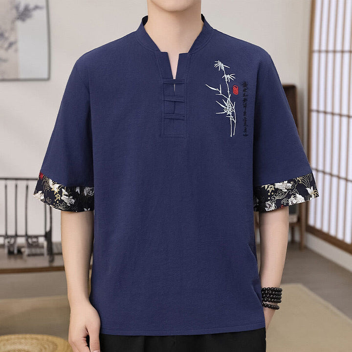 Buddha Stones Sommer Stickerei Bambus Muster Patchwork Design Herren Halbarm Baumwolle Leinen T-Shirt - Dunkelschieferblau - US/ UK/AU46, EU56 (5XL) - image 4