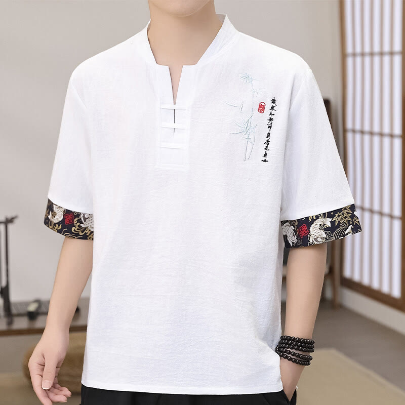 Buddha Stones Sommer Stickerei Bambus Muster Patchwork Design Herren Halbarm Baumwolle Leinen T-Shirt - Weiß - US/ UK/AU46, EU56 (5XL) - image 0