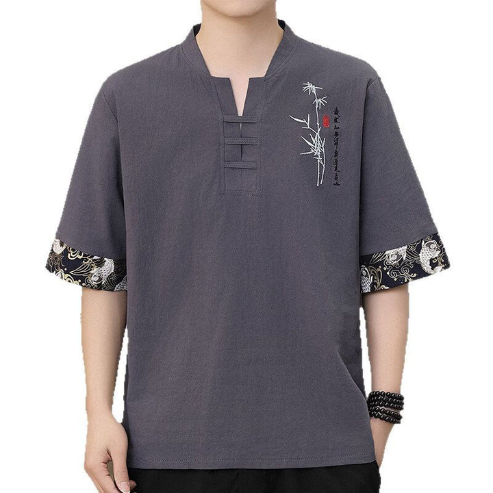 Buddha Stones Sommer Stickerei Bambus Muster Patchwork Design Herren Halbarm Baumwolle Leinen T-Shirt - image 3