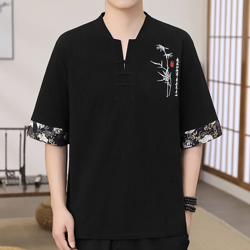 Buddha Stones Sommer Stickerei Bambus Muster Patchwork Design Herren Halbarm Baumwolle Leinen T-Shirt - Schwarz - US/ UK/AU46，EU56 (5XL) - image 1