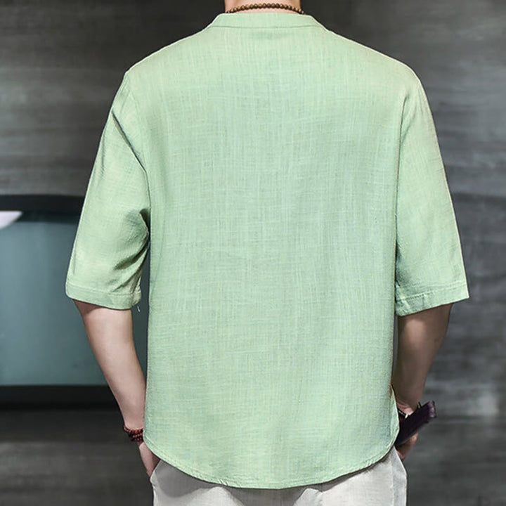 Buddha Stones Lässiges Vintage-T-Shirt mit chinesischem Froschknopf für Herren, halbarm, aus Baumwolle und Leinen - image 14