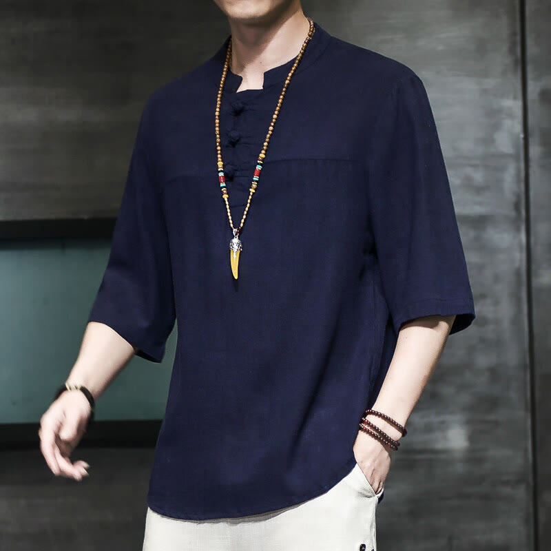 Buddha Stones Lässiges Vintage-T-Shirt mit chinesischem Froschknopf für Herren, halbarm, aus Baumwolle und Leinen - Mitternachtsblau - US/ UK/AU46, EU56 (5XL) - image 19