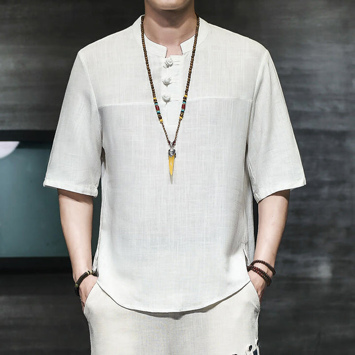 Buddha Stones Lässiges Vintage-T-Shirt mit chinesischem Froschknopf für Herren, halbarm, aus Baumwolle und Leinen - image 9