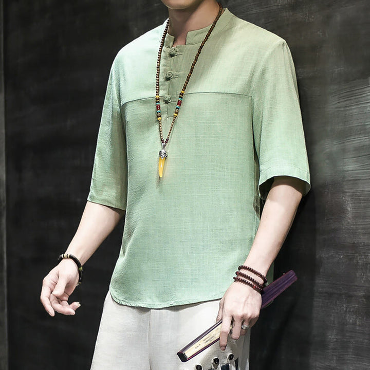 Buddha Stones Lässiges Vintage-T-Shirt mit chinesischem Froschknopf für Herren, halbarm, aus Baumwolle und Leinen - image 16