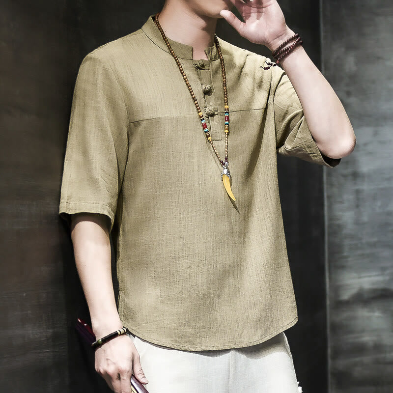 Buddha Stones Lässiges Vintage-T-Shirt mit chinesischem Froschknopf für Herren, halbarm, aus Baumwolle und Leinen - image 3