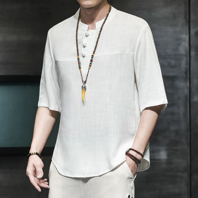 Buddha Stones Lässiges Vintage-T-Shirt mit chinesischem Froschknopf für Herren, halbarm, aus Baumwolle und Leinen - Weiß - US/ UK/AU46, EU56 (5XL) - image 7