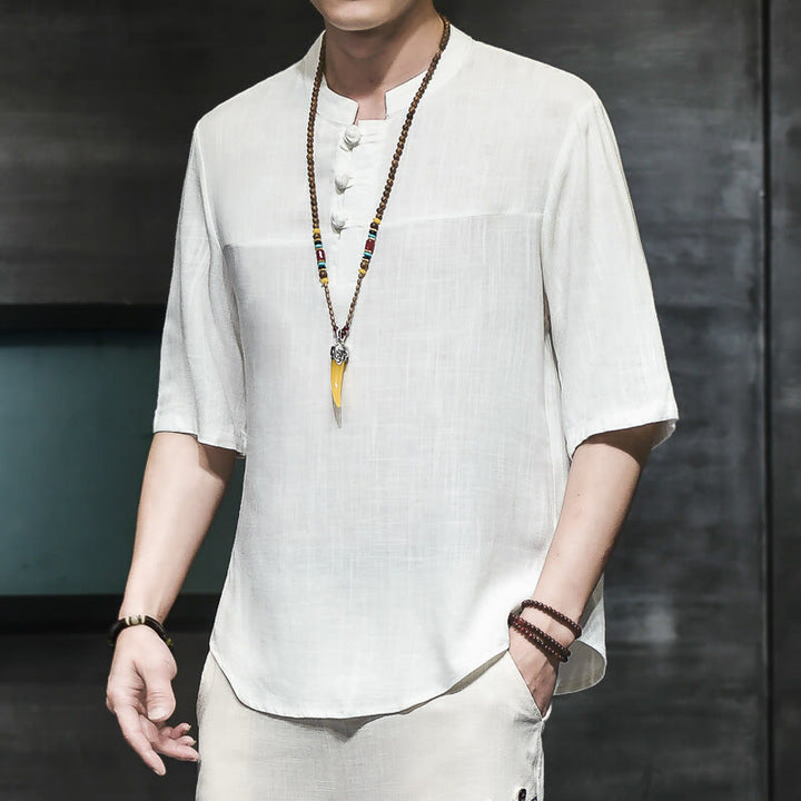 Buddha Stones Lässiges Vintage-T-Shirt mit chinesischem Froschknopf für Herren, halbarm, aus Baumwolle und Leinen - Weiß - US/ UK/AU46, EU56 (5XL) - image 7