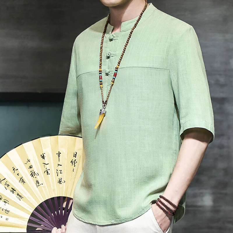 Buddha Stones Lässiges Vintage-T-Shirt mit chinesischem Froschknopf für Herren, halbarm, aus Baumwolle und Leinen - image 18