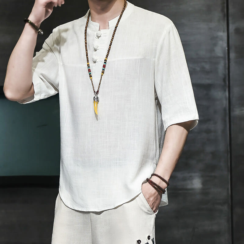 Buddha Stones Lässiges Vintage-T-Shirt mit chinesischem Froschknopf für Herren, halbarm, aus Baumwolle und Leinen - image 8