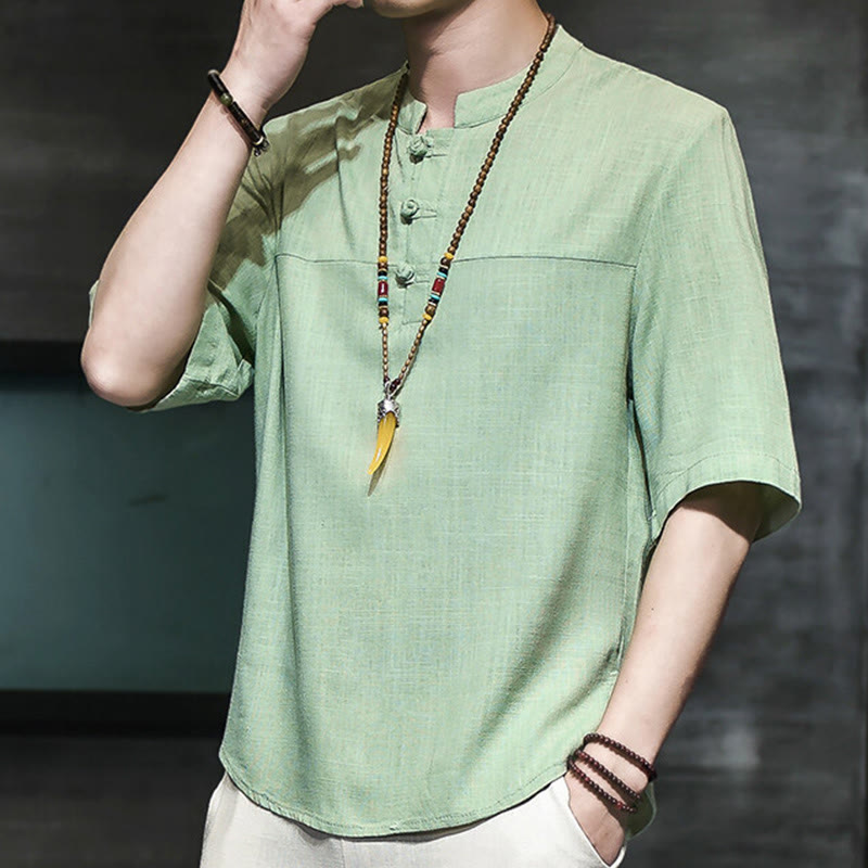 Buddha Stones Lässiges Vintage-T-Shirt mit chinesischem Froschknopf für Herren, halbarm, aus Baumwolle und Leinen - SpringGreen - US/ UK/AU46, EU56 (5XL) - image 13