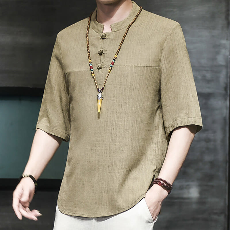 Buddha Stones Lässiges Vintage-T-Shirt mit chinesischem Froschknopf für Herren, halbarm, aus Baumwolle und Leinen - Dunkelkhaki - US/ UK/AU46, EU56 (5XL) - image 0