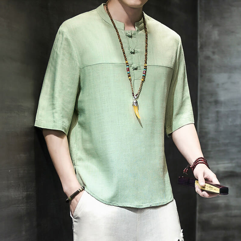 Buddha Stones Lässiges Vintage-T-Shirt mit chinesischem Froschknopf für Herren, halbarm, aus Baumwolle und Leinen - image 17