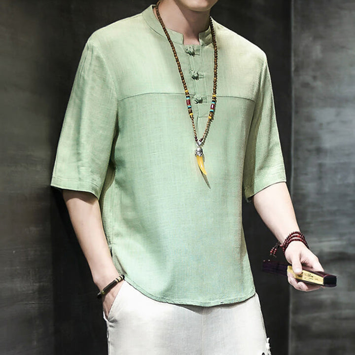 Buddha Stones Lässiges Vintage-T-Shirt mit chinesischem Froschknopf für Herren, halbarm, aus Baumwolle und Leinen - image 17