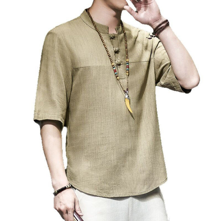 Buddha Stones Lässiges Vintage-T-Shirt mit chinesischem Froschknopf für Herren, halbarm, aus Baumwolle und Leinen - image 6
