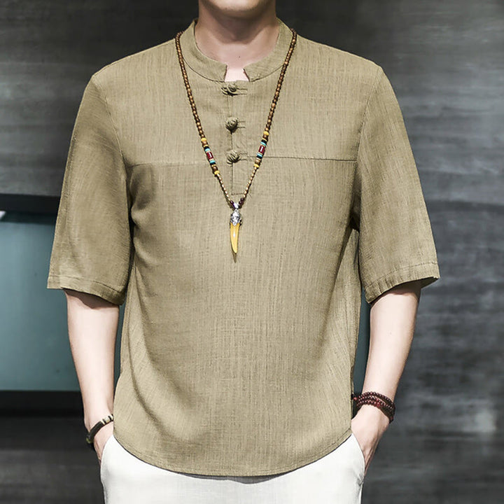 Buddha Stones Lässiges Vintage-T-Shirt mit chinesischem Froschknopf für Herren, halbarm, aus Baumwolle und Leinen - image 2