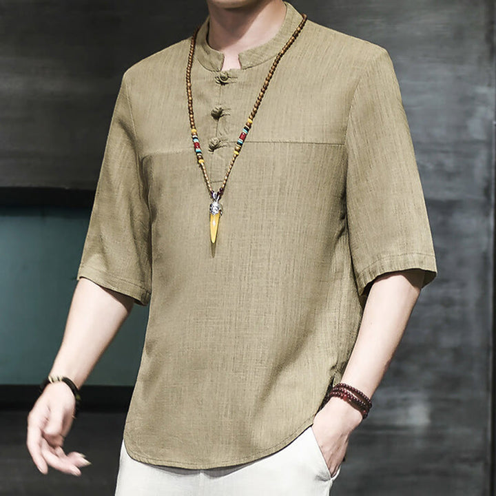 Buddha Stones Lässiges Vintage-T-Shirt mit chinesischem Froschknopf für Herren, halbarm, aus Baumwolle und Leinen - DunkelKhaki - US/ UK/AU46，EU56 (5XL) - image 0