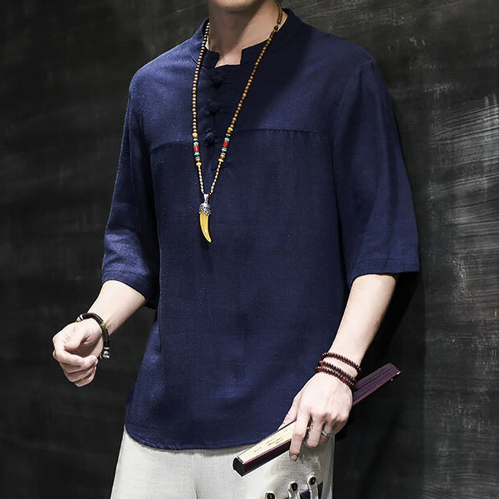 Buddha Stones Lässiges Vintage-T-Shirt mit chinesischem Froschknopf für Herren, halbarm, aus Baumwolle und Leinen - image 23