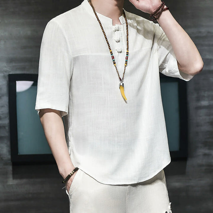 Buddha Stones Lässiges Vintage-T-Shirt mit chinesischem Froschknopf für Herren, halbarm, aus Baumwolle und Leinen - image 10