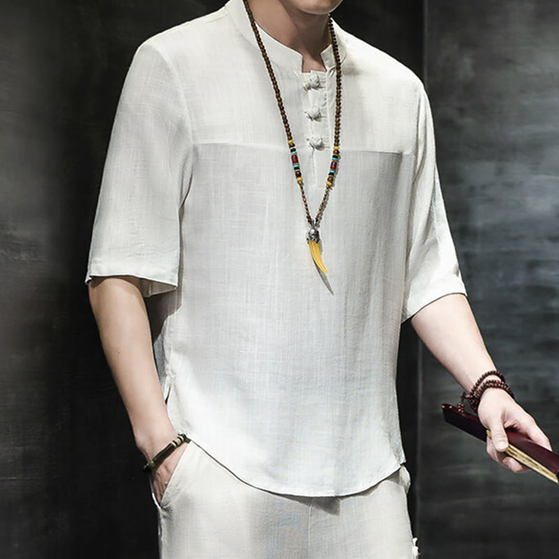 Buddha Stones Lässiges Vintage-T-Shirt mit chinesischem Froschknopf für Herren, halbarm, aus Baumwolle und Leinen - image 12