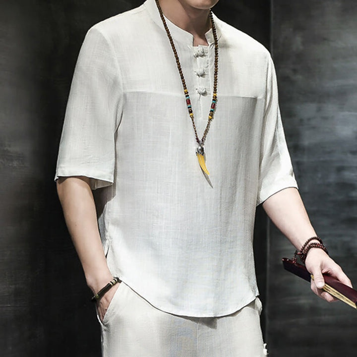 Buddha Stones Lässiges Vintage-T-Shirt mit chinesischem Froschknopf für Herren, halbarm, aus Baumwolle und Leinen - image 12