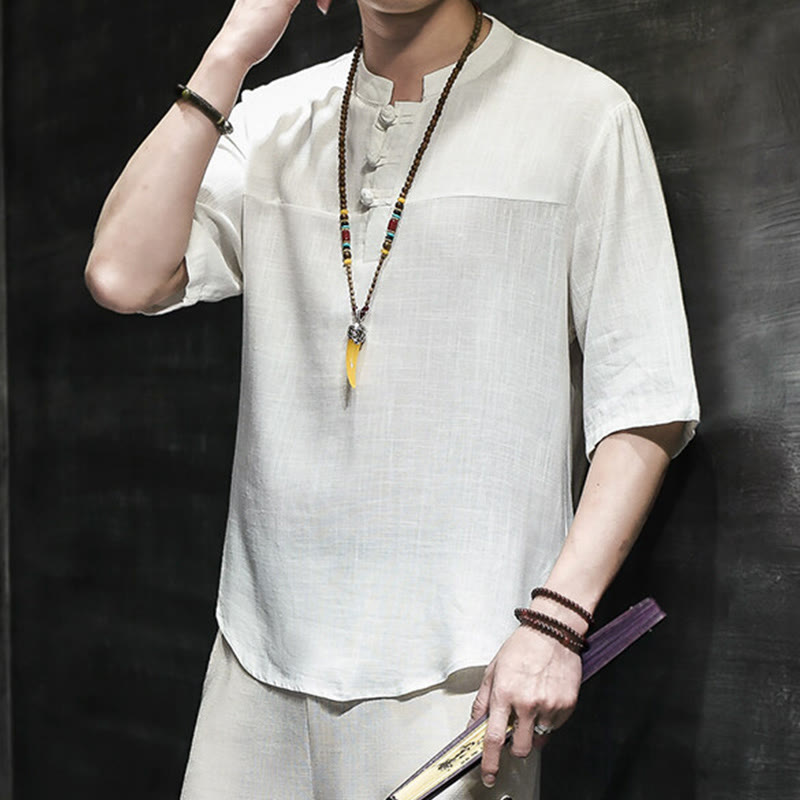 Buddha Stones Lässiges Vintage-T-Shirt mit chinesischem Froschknopf für Herren, halbarm, aus Baumwolle und Leinen - image 11