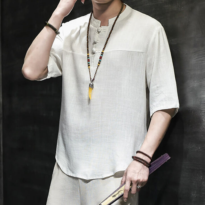 Buddha Stones Lässiges Vintage-T-Shirt mit chinesischem Froschknopf für Herren, halbarm, aus Baumwolle und Leinen - image 11