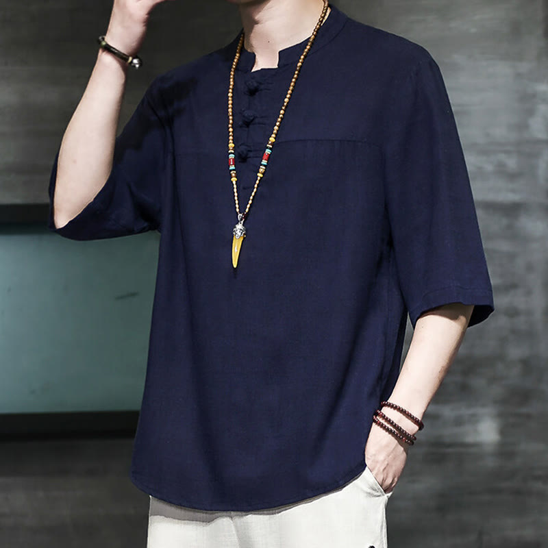 Buddha Stones Lässiges Vintage-T-Shirt mit chinesischem Froschknopf für Herren, halbarm, aus Baumwolle und Leinen - image 21