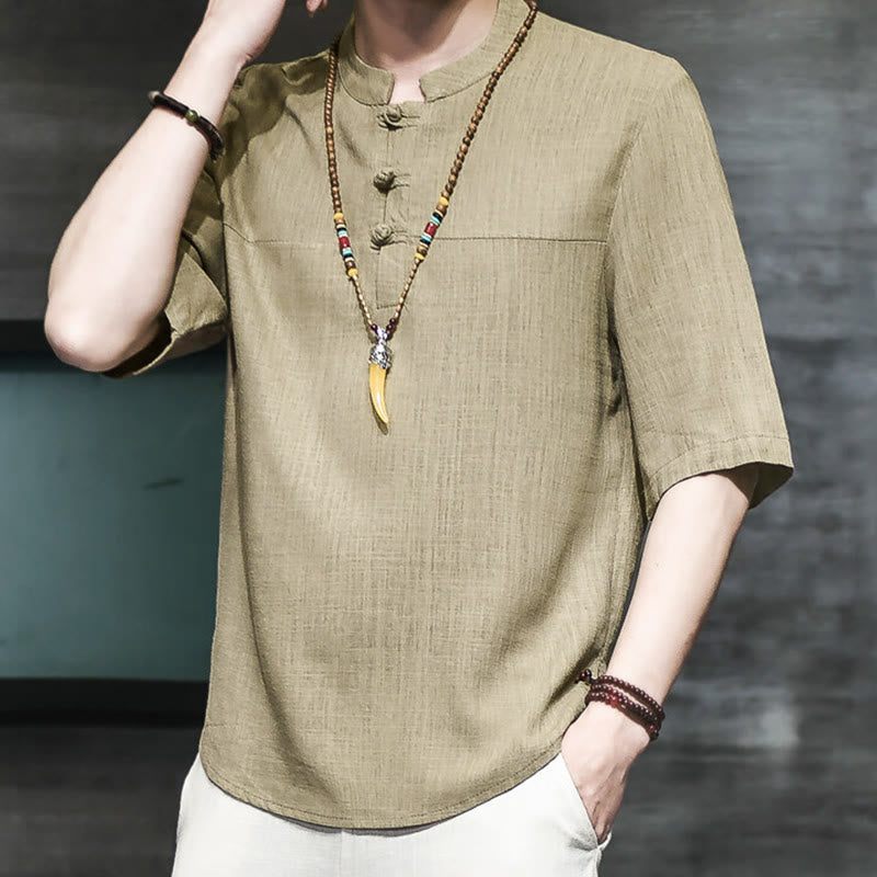 Buddha Stones Lässiges Vintage-T-Shirt mit chinesischem Froschknopf für Herren, halbarm, aus Baumwolle und Leinen - image 1