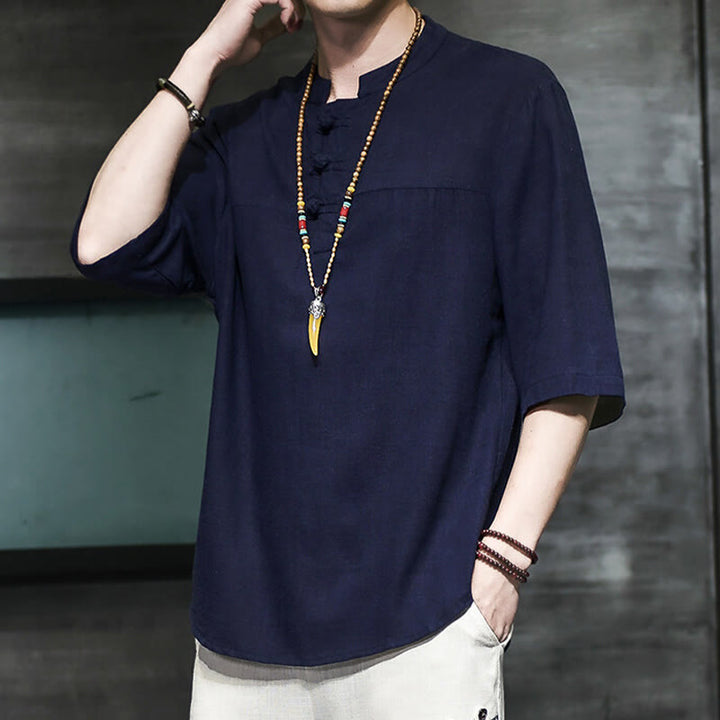 Buddha Stones Lässiges Vintage-T-Shirt mit chinesischem Froschknopf für Herren, halbarm, aus Baumwolle und Leinen - image 20