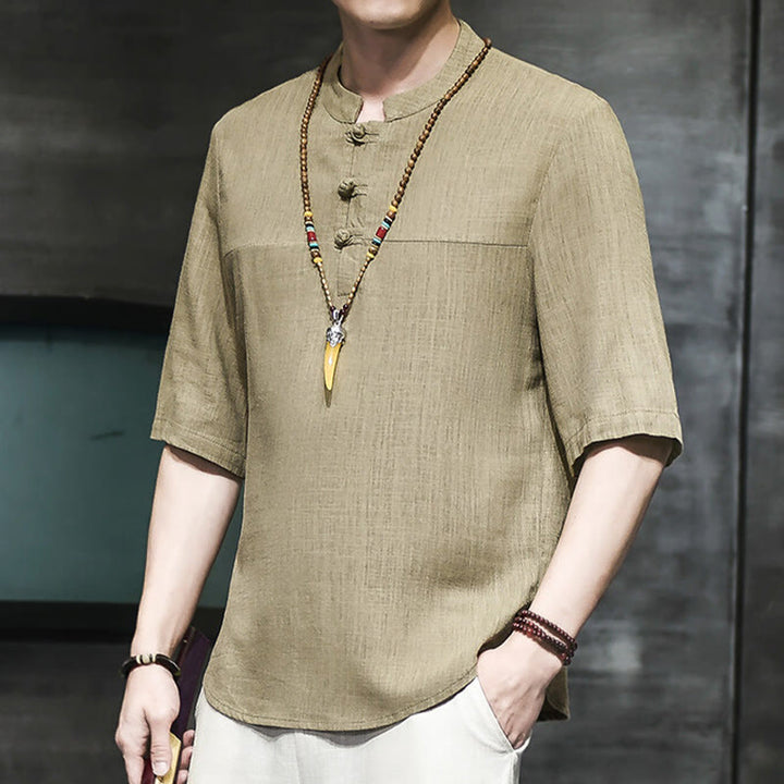 Buddha Stones Lässiges Vintage-T-Shirt mit chinesischem Froschknopf für Herren, halbarm, aus Baumwolle und Leinen - image 4