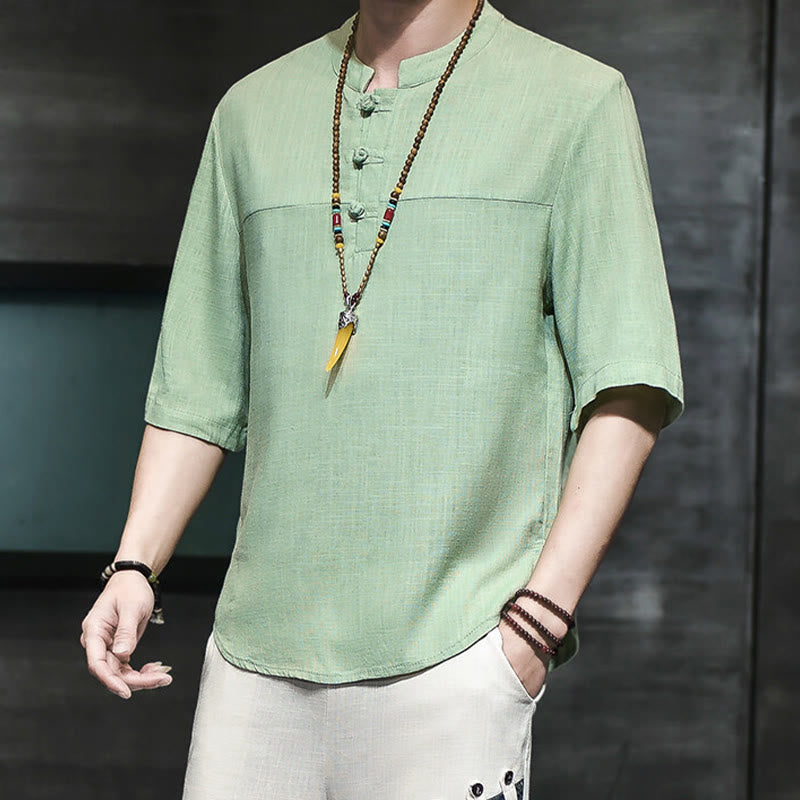 Buddha Stones Lässiges Vintage-T-Shirt mit chinesischem Froschknopf für Herren, halbarm, aus Baumwolle und Leinen - image 15