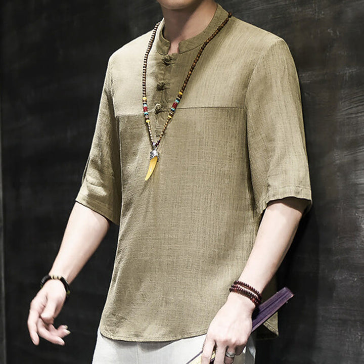 Buddha Stones Lässiges Vintage-T-Shirt mit chinesischem Froschknopf für Herren, halbarm, aus Baumwolle und Leinen - image 5