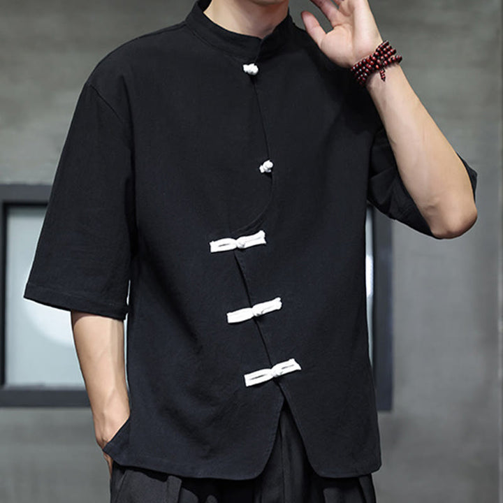 Buddha Stones Plain Chinese Frog-Button Stehkragen Baumwolle Leinen Herren Halbarmhemd - Schwarz - US/ UK/AU46, EU56 (5XL) - image 0