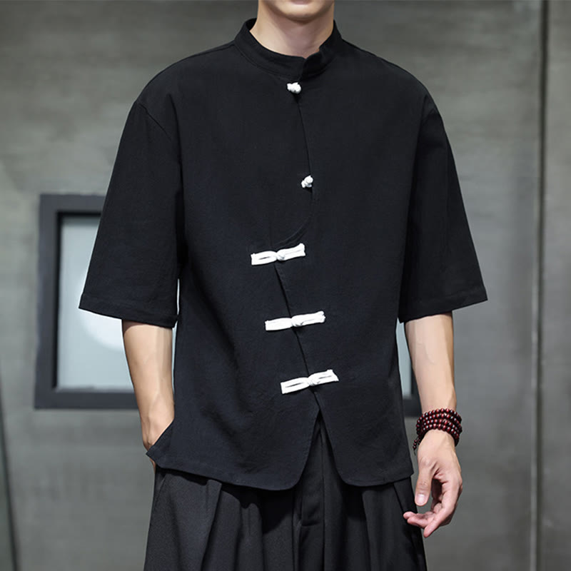 Buddha Stones Plain Chinese Frog-Button Stehkragen Baumwolle Leinen Herren Halbarmhemd - image 5