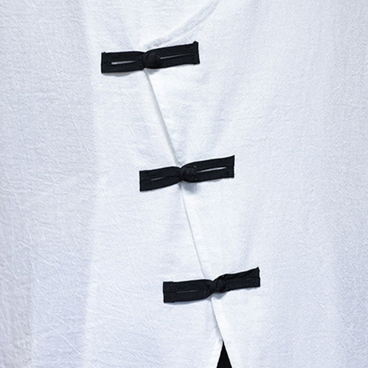 Buddha Stones Plain Chinese Frog-Button Stehkragen Baumwolle Leinen Herren Halbarmhemd - image 12