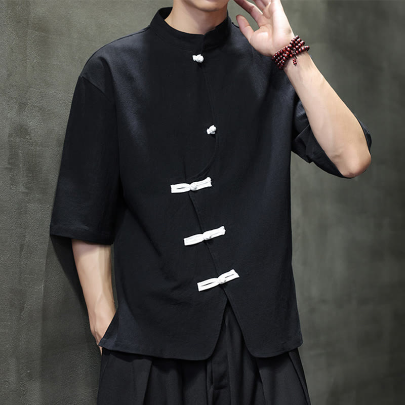 Buddha Stones Plain Chinese Frog-Button Stehkragen Baumwolle Leinen Herren Halbarmhemd - image 4