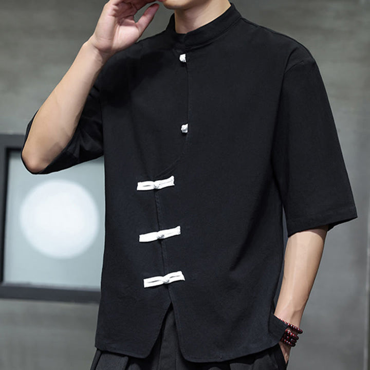 Buddha Stones Plain Chinese Frog-Button Stehkragen Baumwolle Leinen Herren Halbarmhemd - image 2