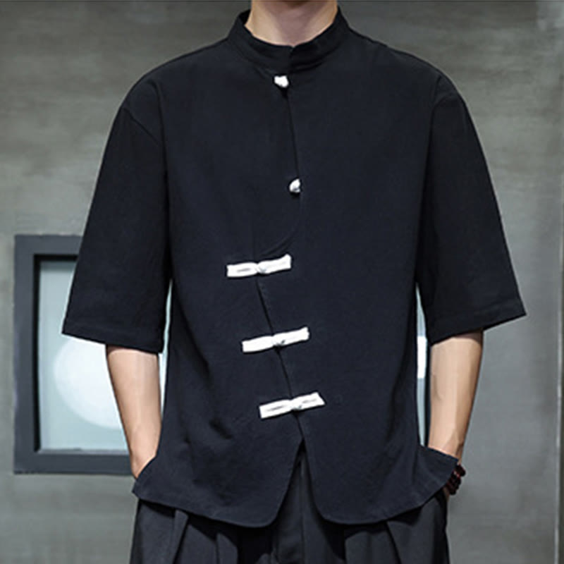 Buddha Stones Plain Chinese Frog-Button Stehkragen Baumwolle Leinen Herren Halbarmhemd - image 1