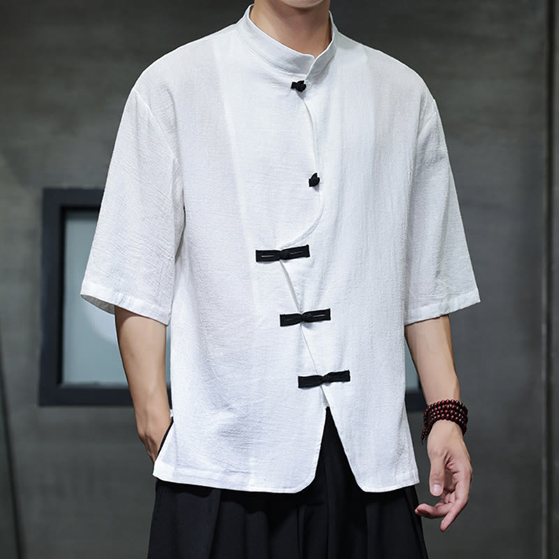 Buddha Stones Plain Chinese Frog-Button Stehkragen Baumwolle Leinen Herren Halbarmhemd - Weiß - US/ UK/AU46, EU56 (5XL) - image 6