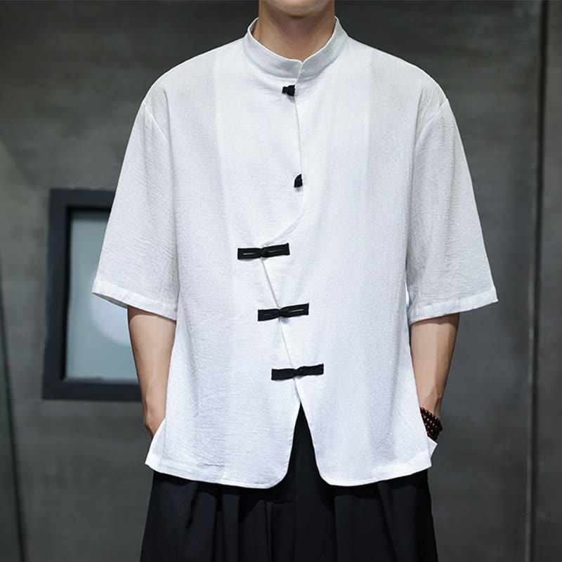 Buddha Stones Plain Chinese Frog-Button Stehkragen Baumwolle Leinen Herren Halbarmhemd - image 7